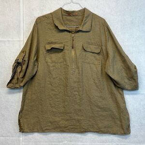 ELLEN TRACY Women’s 100% Linen Half-Zip Utility Top Olive Green Size XL Pockets